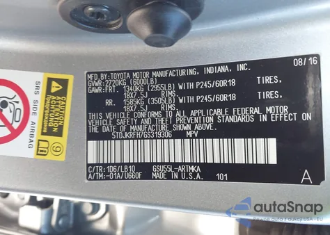 2016 Toyota Highlander Xle V6 z USA, uszkodzony, nr VIN 5TDJKRFH7GS319306